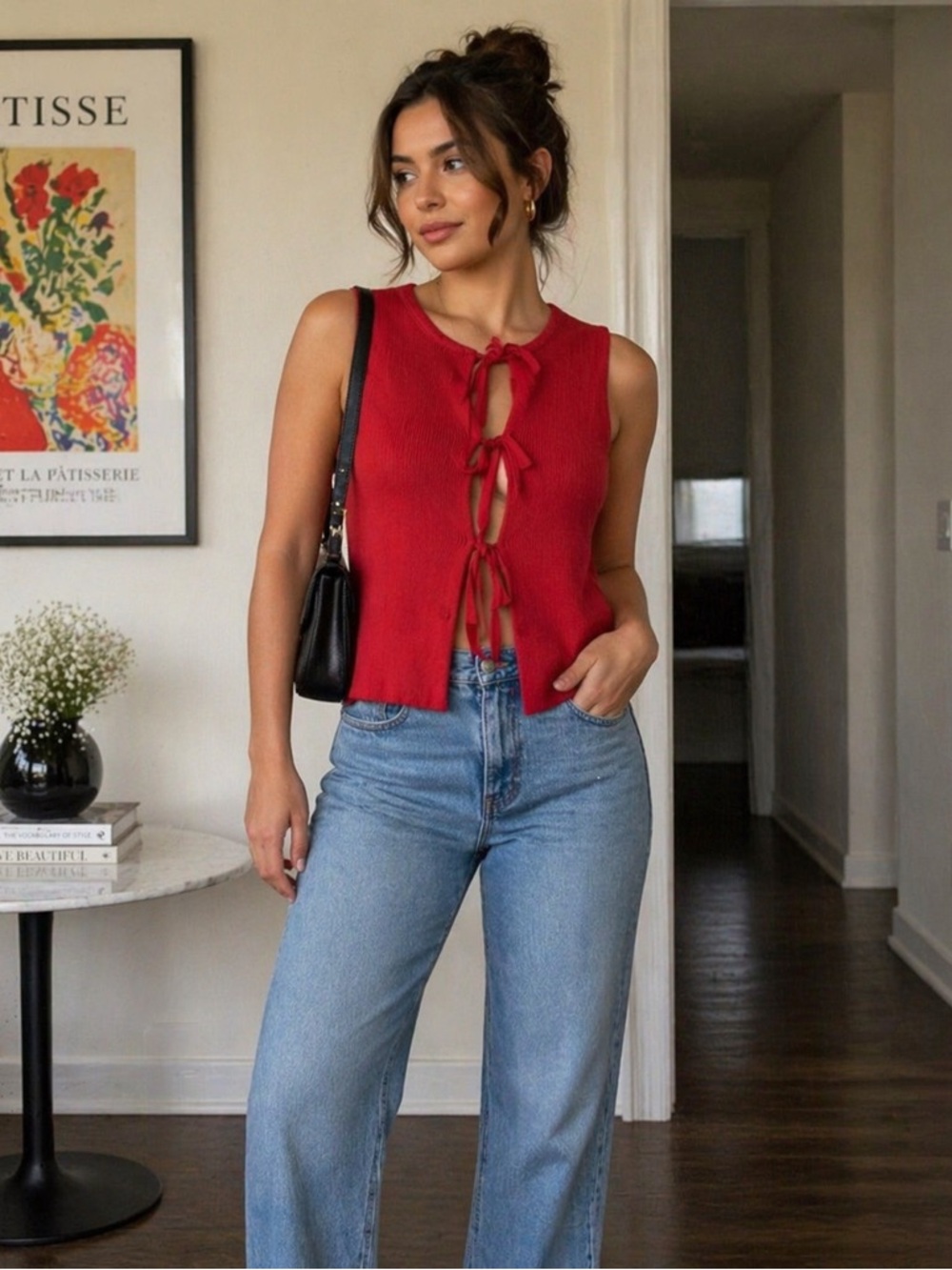 Source Unknown Red Sleeveless Tie-Back Knit Tank